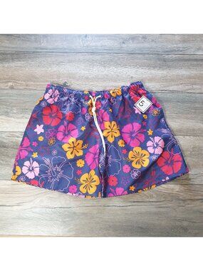 Colorful Floral Mens Swim Trunks Size L With Elastic Waist Drawstring 32" Waist
